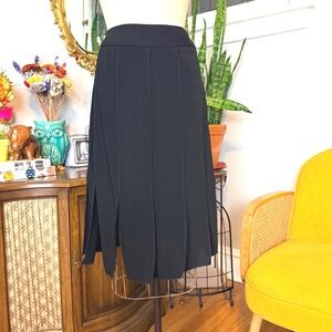 Vintage Y2K DRAMA Black Pleated Midi Skirt Split Fringe Hem  Size 8